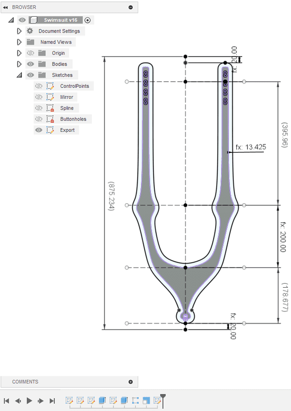 A screenshot of the swimsuit, with annotations indicating the distance between key points.