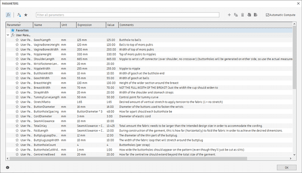 A screenshot of the User Parameters window in Fusion 360. Includes parameters with names like "GoochLength", "VaginaBonesHeight", and "ButtholeWidth".