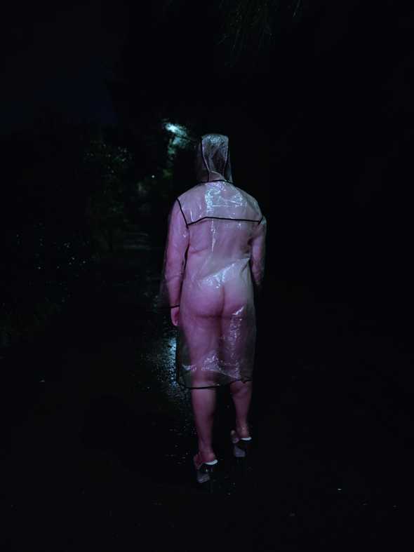 On a dark night, I am walking along a shiny-wet pathway. I am wearing a transparent raincoat and nothing underneath. I'm also wearing crystal-clear platform heels. I'm facing away from the camera and my butt is clearly visible.